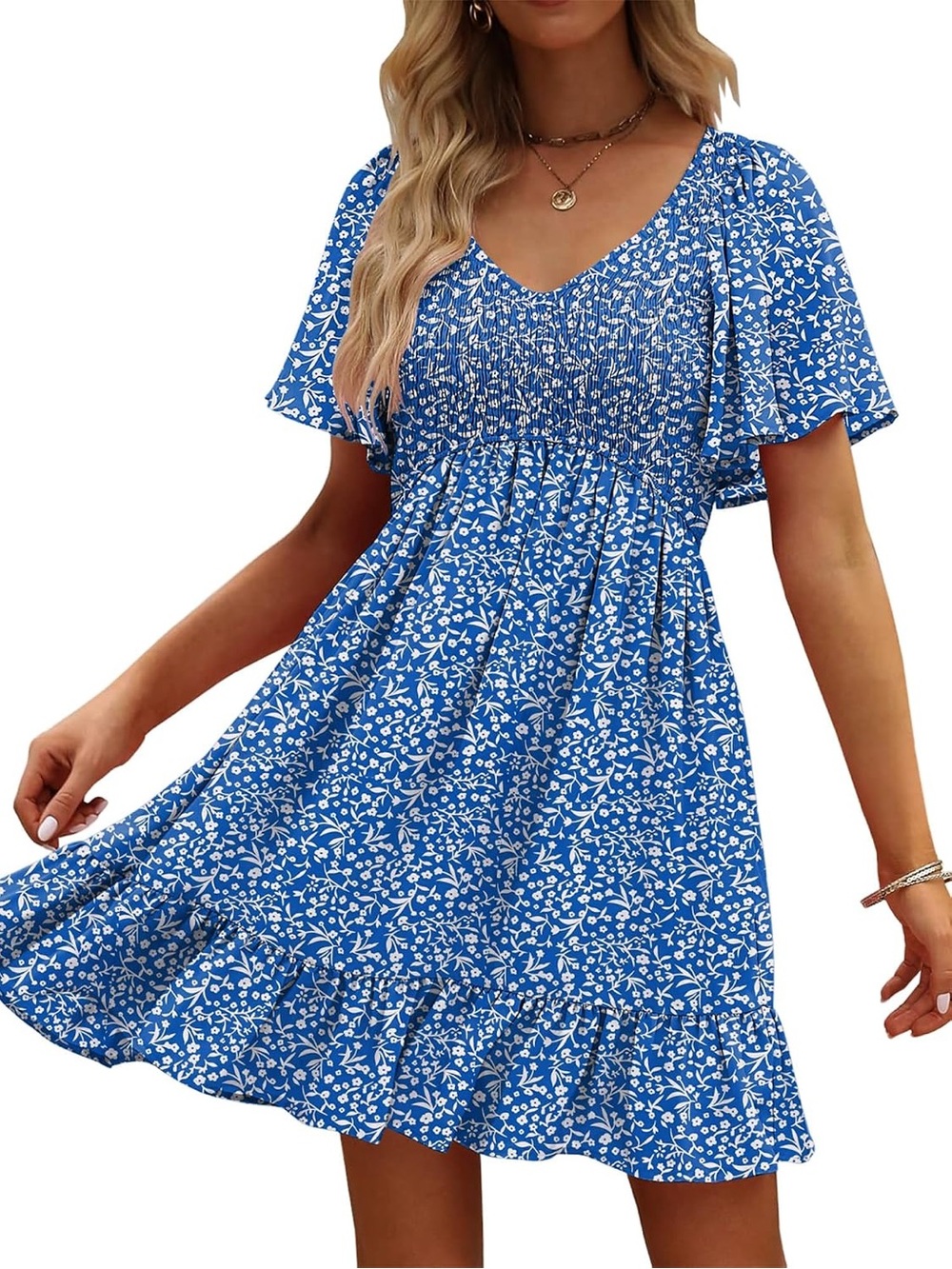 UEAL Blue Floral Smocked V Neck Flutter Sleeve Sundress in Size Medium - C3-218